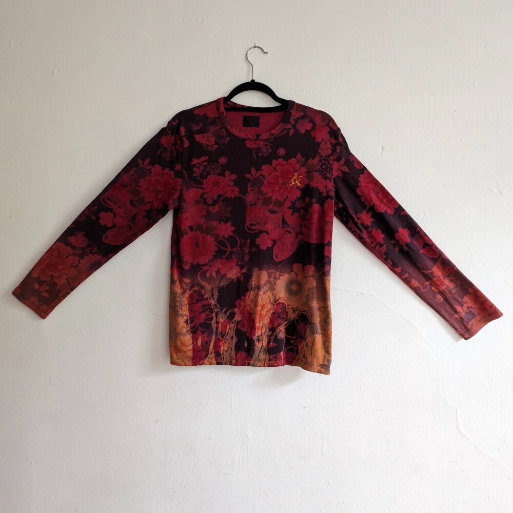 Japanese Floral Long Sleeve Shirt - Red and Orange